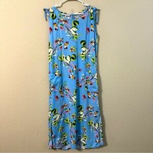 Disney Store Dress Mickey Minnie Hawaiian Floral Graphic Blue Sleeveless Maxi